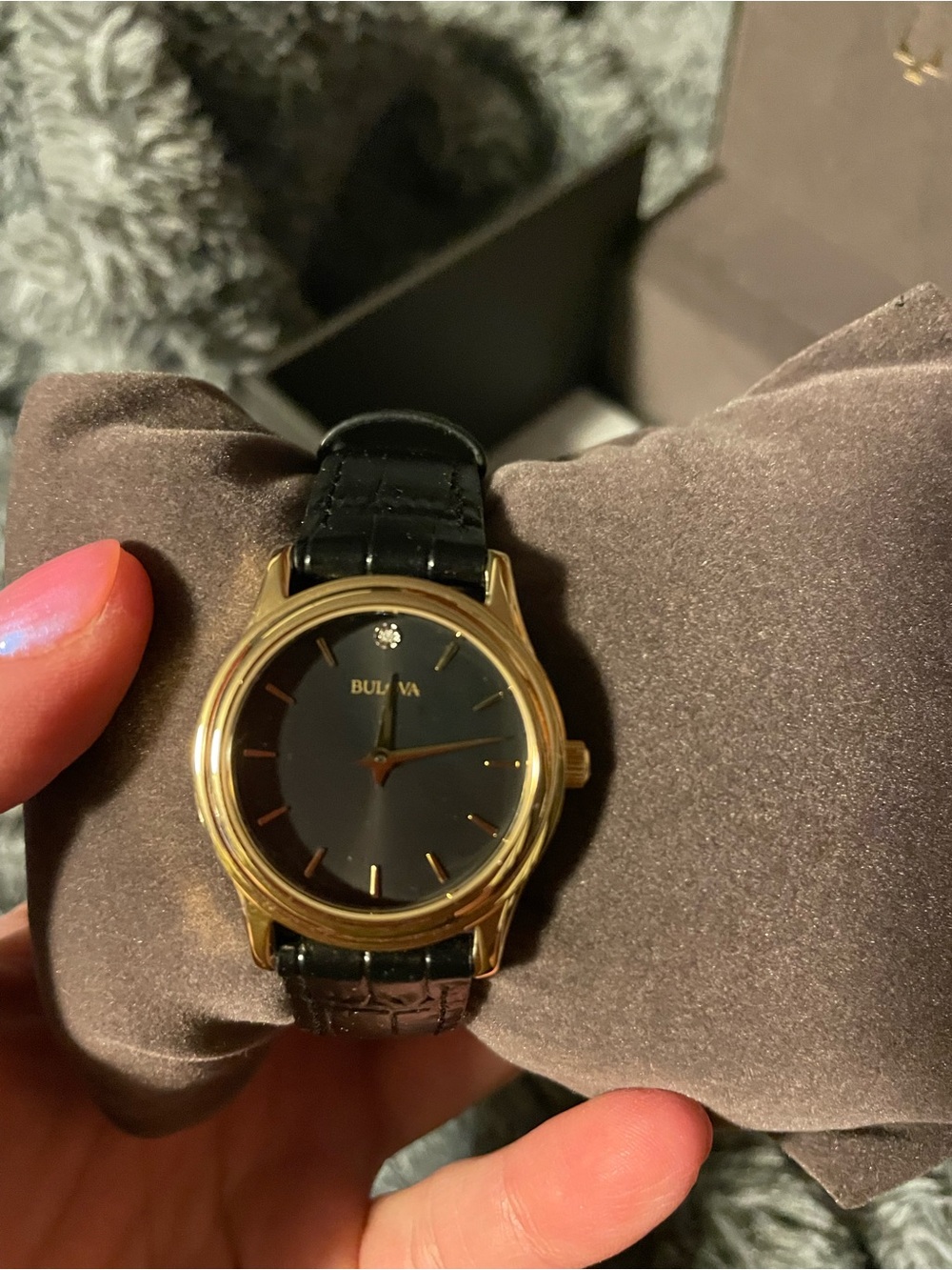 Bulova Gold-Tone Men's Watch with Black Dial and Black Leather Strap - Picture 4 of 6